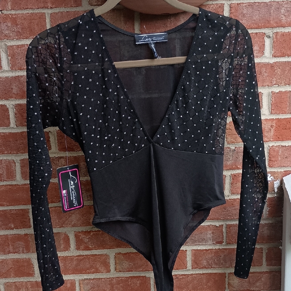 Black Graphic Tie Front Long Sleeve Bodysuit